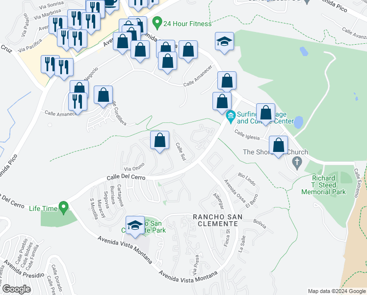 map of restaurants, bars, coffee shops, grocery stores, and more near 99 Calle Sol in San Clemente