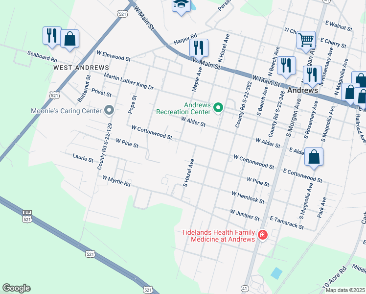 map of restaurants, bars, coffee shops, grocery stores, and more near 404 South Maple Avenue in Andrews
