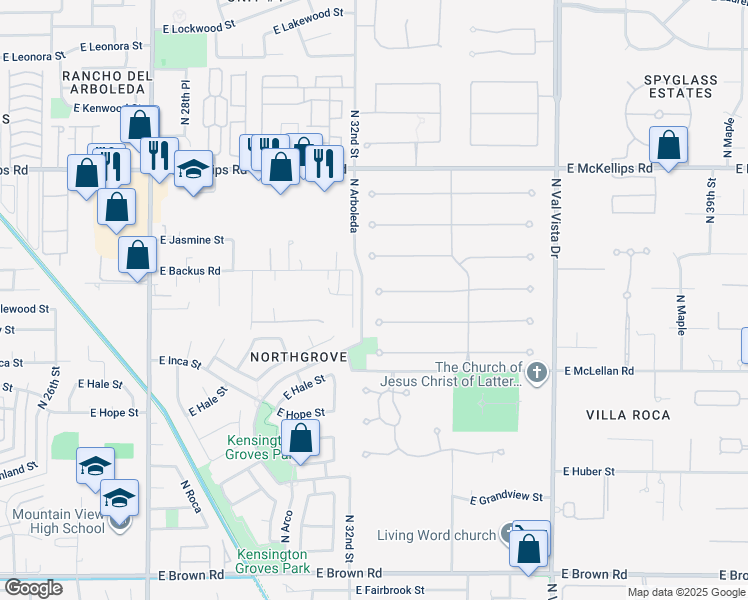 map of restaurants, bars, coffee shops, grocery stores, and more near 3213 East Ivyglen Circle in Mesa