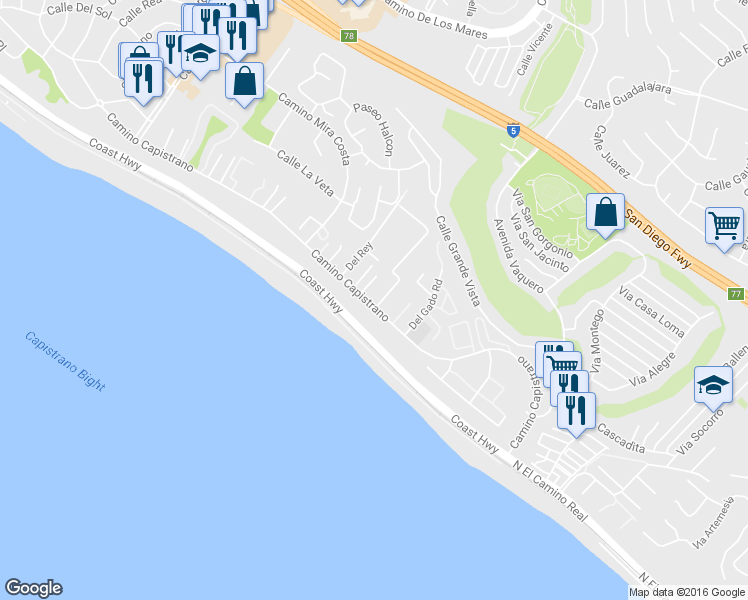 map of restaurants, bars, coffee shops, grocery stores, and more near 27521 Gable Street in Dana Point