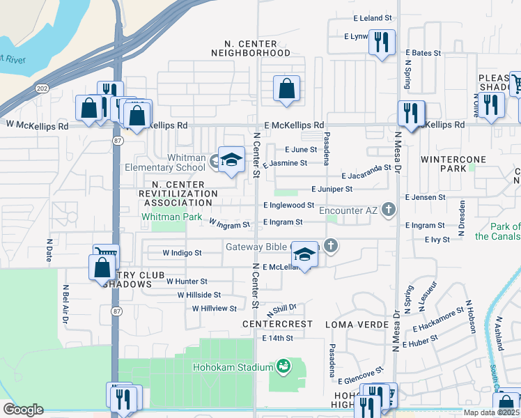 map of restaurants, bars, coffee shops, grocery stores, and more near 7 East Inglewood Street in Mesa