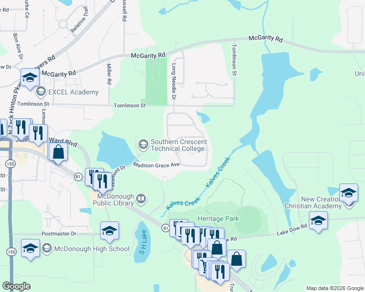 map of restaurants, bars, coffee shops, grocery stores, and more near 421 Mackenzie Noelle Lane in McDonough