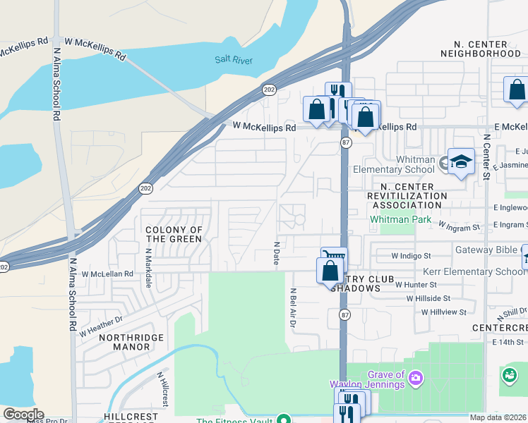 map of restaurants, bars, coffee shops, grocery stores, and more near 626 West Inglewood Street in Mesa