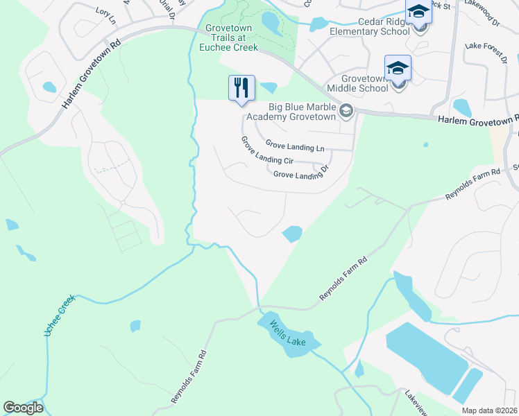map of restaurants, bars, coffee shops, grocery stores, and more near 315 Koweta Way in Grovetown