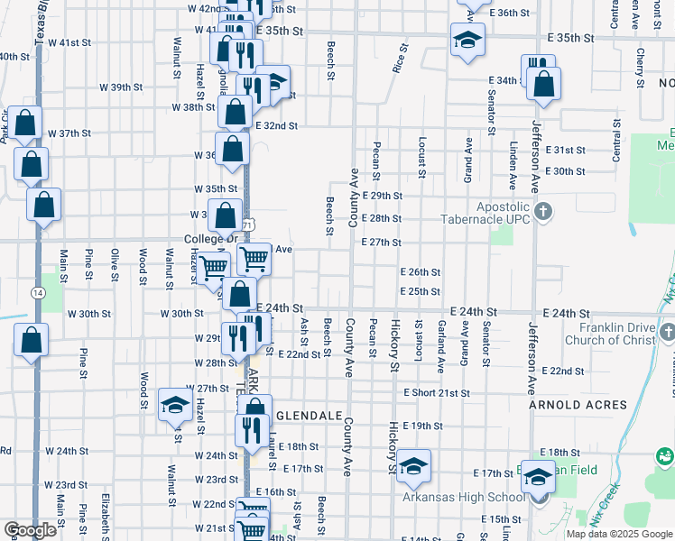 map of restaurants, bars, coffee shops, grocery stores, and more near 409 East 25th Street in Texarkana