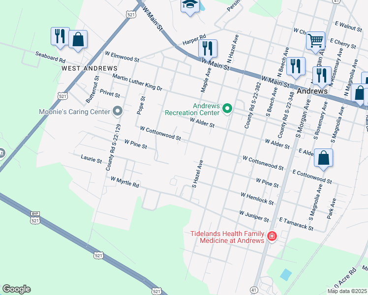 map of restaurants, bars, coffee shops, grocery stores, and more near 404 South Maple Avenue in Andrews