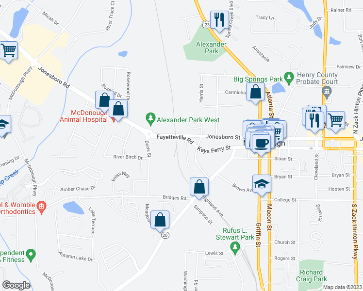map of restaurants, bars, coffee shops, grocery stores, and more near 121-133 Toby Springs Lane in McDonough