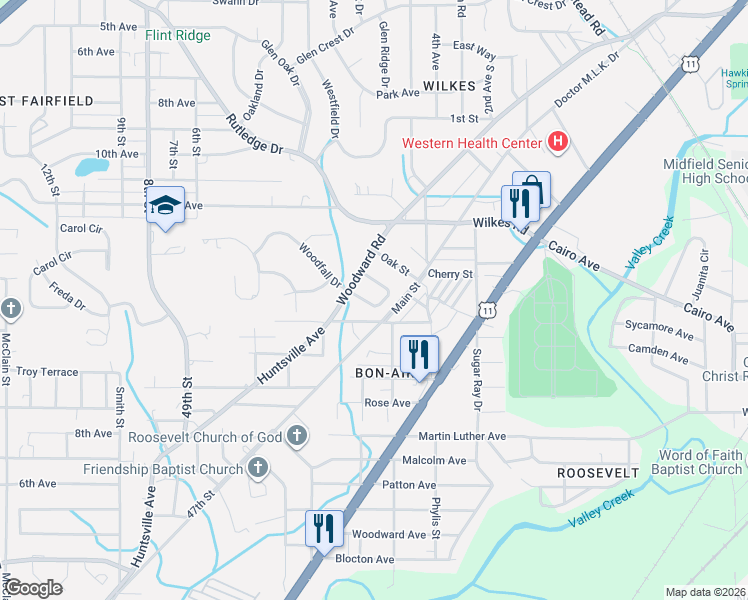 map of restaurants, bars, coffee shops, grocery stores, and more near 46 Wilkes Circle in Birmingham