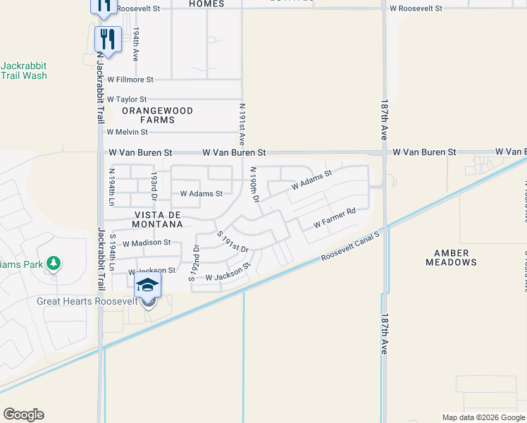map of restaurants, bars, coffee shops, grocery stores, and more near 75 South 190th Lane in Buckeye
