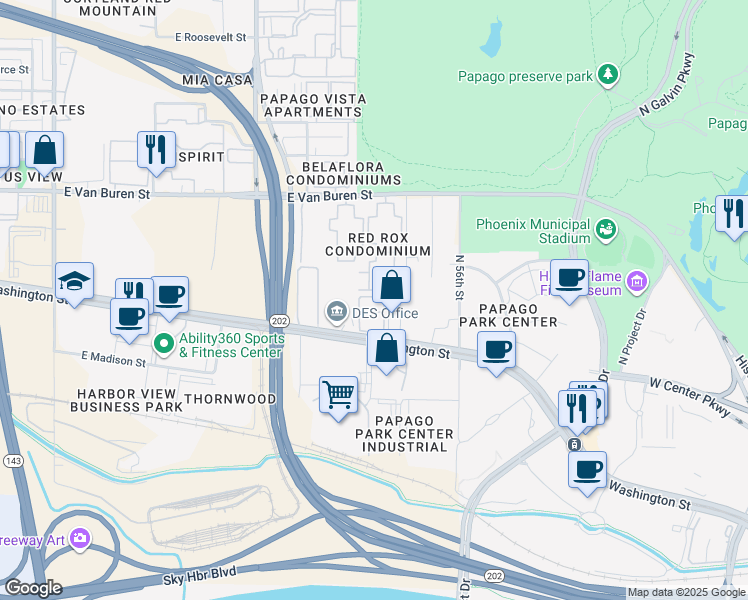 map of restaurants, bars, coffee shops, grocery stores, and more near 5402 East Washington Street in Phoenix