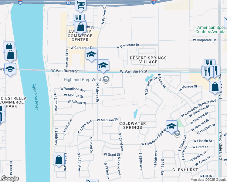 map of restaurants, bars, coffee shops, grocery stores, and more near 12234 West Monroe Street in Avondale