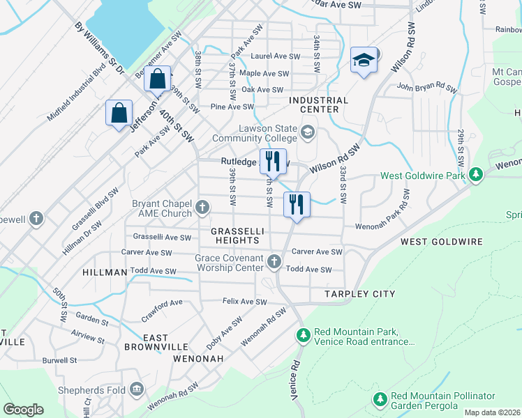 map of restaurants, bars, coffee shops, grocery stores, and more near 3708 Howard Avenue Southwest in Birmingham