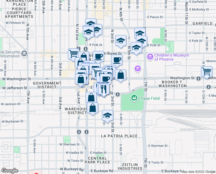 map of restaurants, bars, coffee shops, grocery stores, and more near 3 South 2nd Street in Phoenix