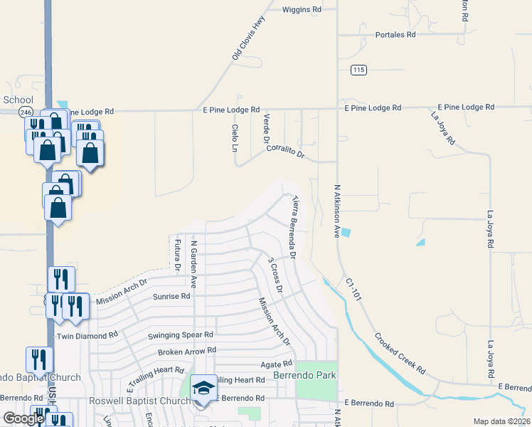 map of restaurants, bars, coffee shops, grocery stores, and more near 99 Walking Cane Ln in Roswell