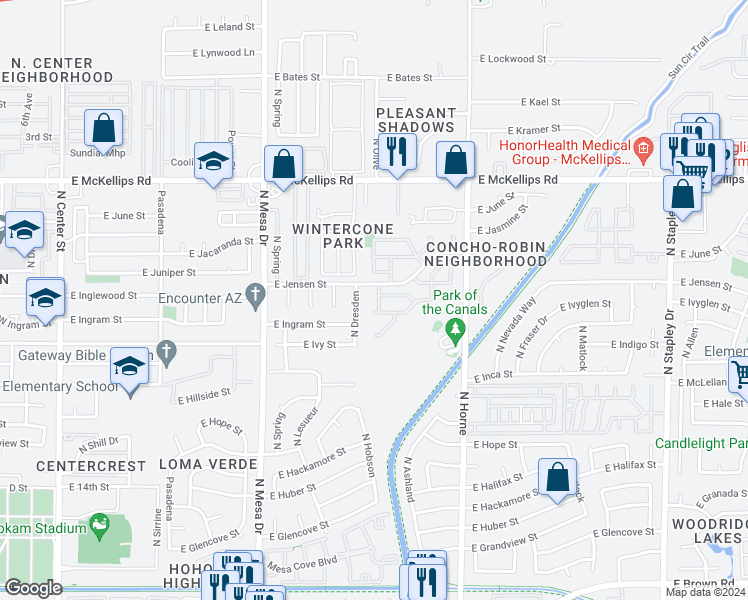 map of restaurants, bars, coffee shops, grocery stores, and more near 619 East Jensen Street in Mesa