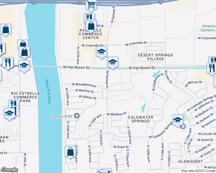 map of restaurants, bars, coffee shops, grocery stores, and more near 12115 West Van Buren Street in Avondale