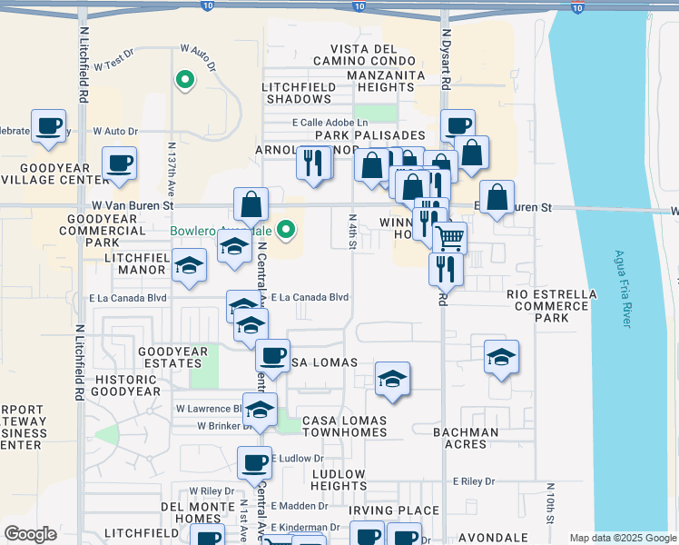 map of restaurants, bars, coffee shops, grocery stores, and more near in Avondale