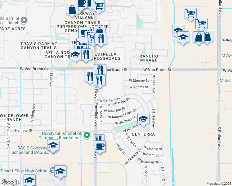 map of restaurants, bars, coffee shops, grocery stores, and more near 15390 West Centerra Drive in Goodyear