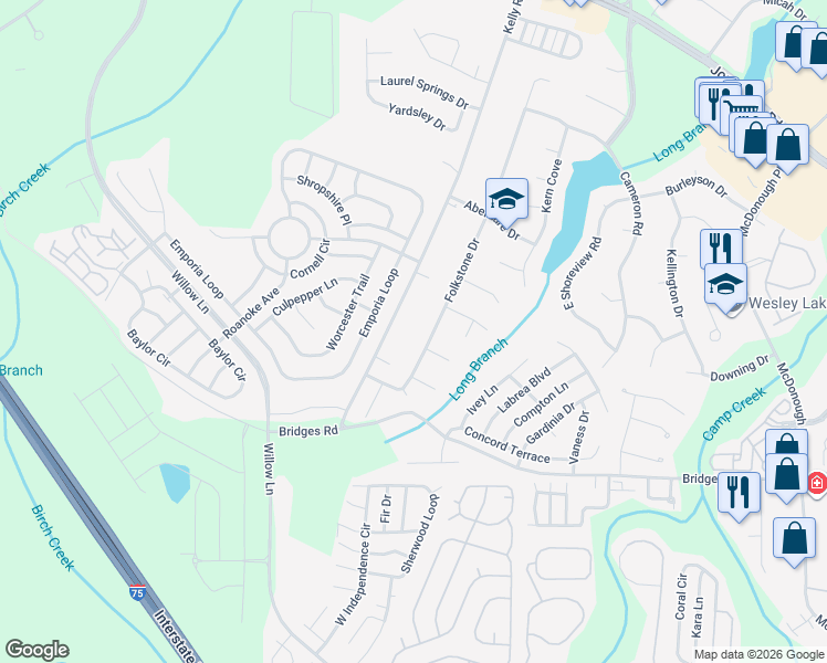 map of restaurants, bars, coffee shops, grocery stores, and more near 66 Veterans Drive in McDonough