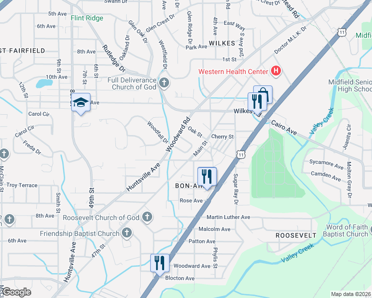 map of restaurants, bars, coffee shops, grocery stores, and more near 46 Wilkes Circle in Birmingham