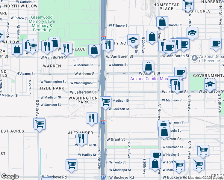 map of restaurants, bars, coffee shops, grocery stores, and more near 22 South 22nd Avenue in Phoenix