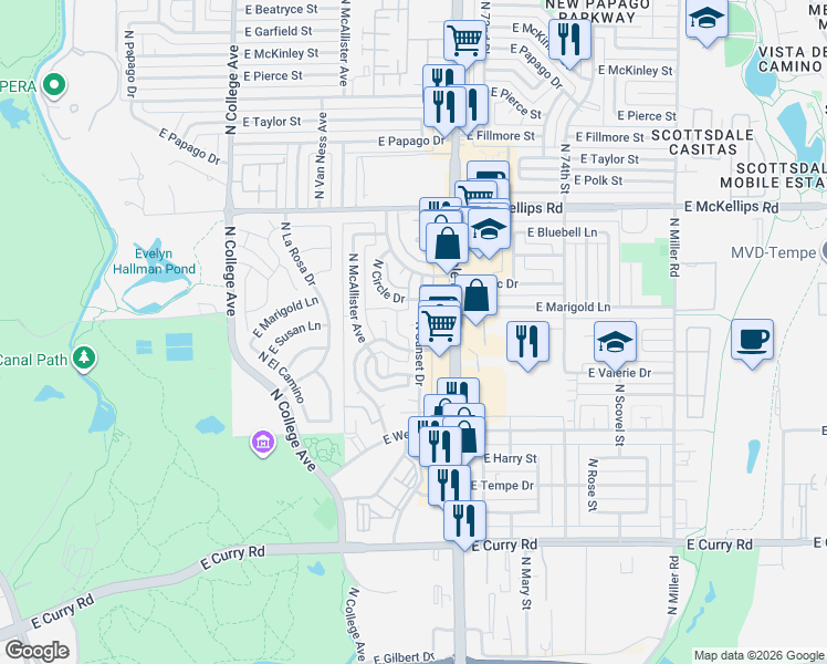 map of restaurants, bars, coffee shops, grocery stores, and more near 710 East Hancock Avenue in Tempe