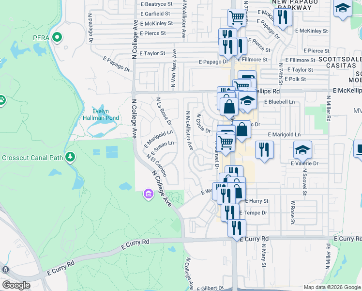 map of restaurants, bars, coffee shops, grocery stores, and more near 450 East Barbara Drive in Tempe