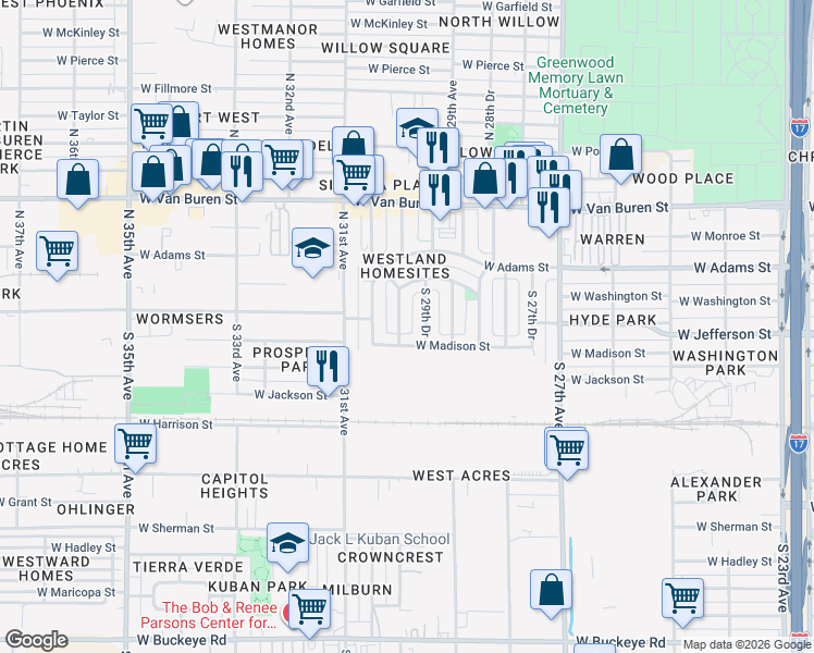 map of restaurants, bars, coffee shops, grocery stores, and more near 111 South 30th Avenue in Phoenix