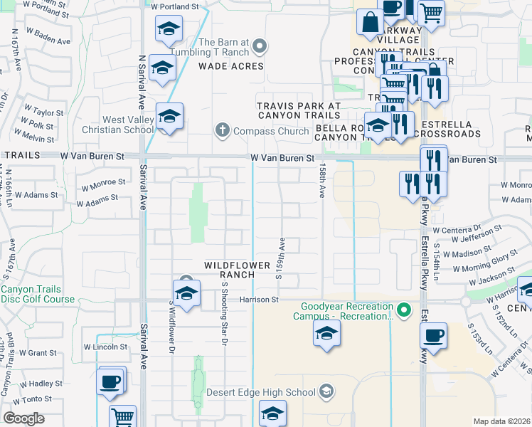 map of restaurants, bars, coffee shops, grocery stores, and more near 15982 West Washington Street in Goodyear