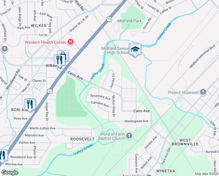 map of restaurants, bars, coffee shops, grocery stores, and more near 5624 Cairo Avenue in Birmingham