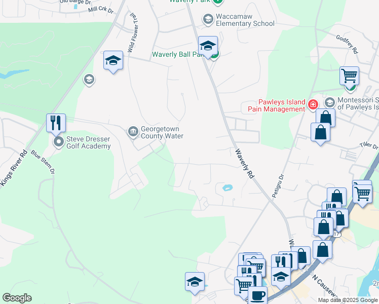 map of restaurants, bars, coffee shops, grocery stores, and more near 12 Clearwater Drive in Pawleys Island