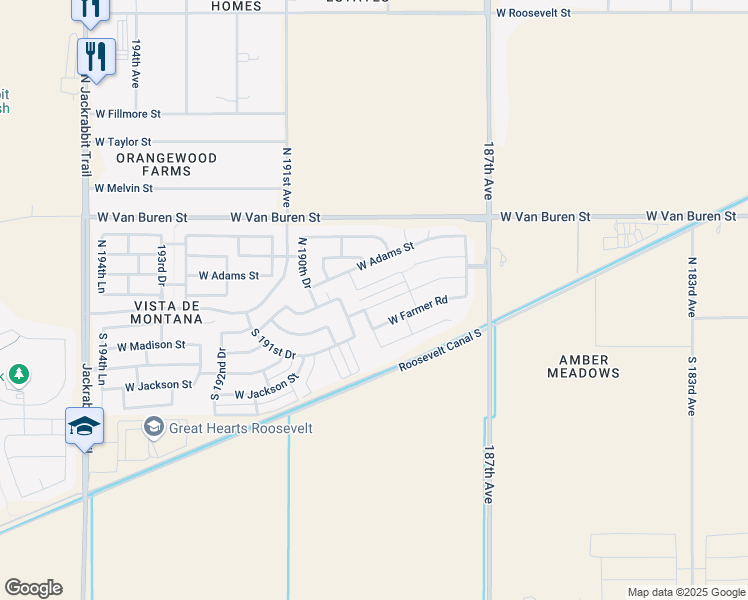 map of restaurants, bars, coffee shops, grocery stores, and more near 18928 West Jefferson Street in Buckeye