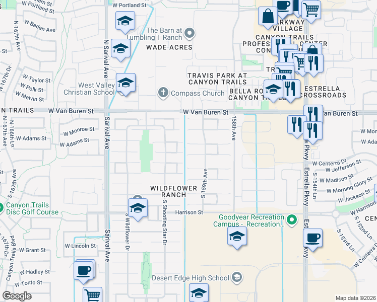 map of restaurants, bars, coffee shops, grocery stores, and more near 15982 West Washington Street in Goodyear