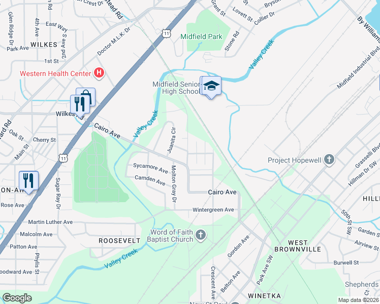 map of restaurants, bars, coffee shops, grocery stores, and more near 5101 Whatley Street in Birmingham