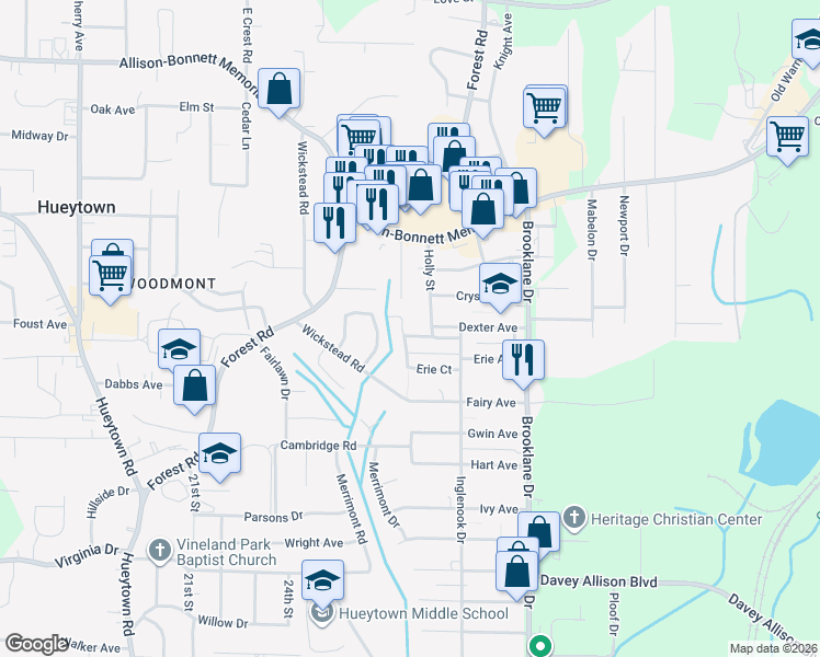 map of restaurants, bars, coffee shops, grocery stores, and more near 228 Dexter Court in Bessemer
