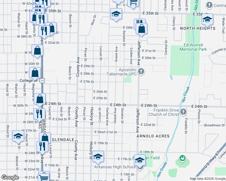 map of restaurants, bars, coffee shops, grocery stores, and more near 2520 Garland Avenue in Texarkana