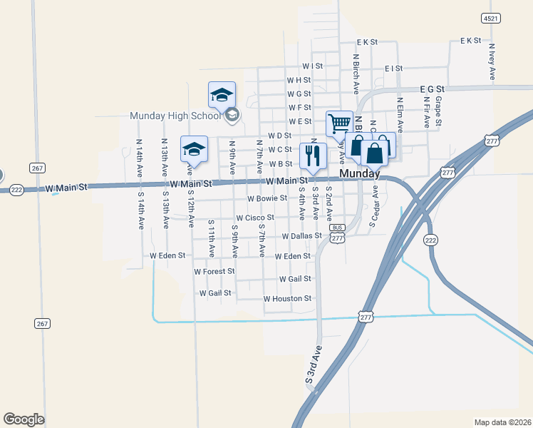 map of restaurants, bars, coffee shops, grocery stores, and more near 310 South 7th Avenue in Munday