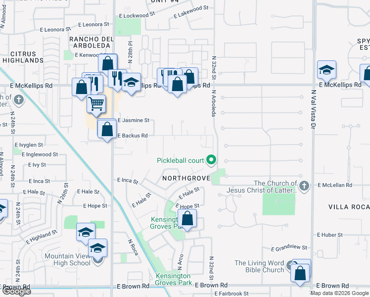 map of restaurants, bars, coffee shops, grocery stores, and more near 3041 East Backus Road in Mesa