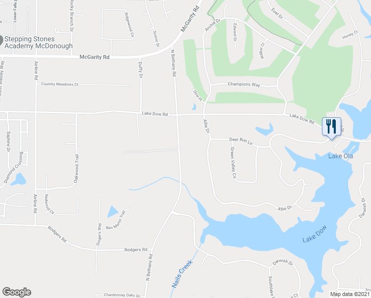 map of restaurants, bars, coffee shops, grocery stores, and more near 670 North Bethany Road in McDonough