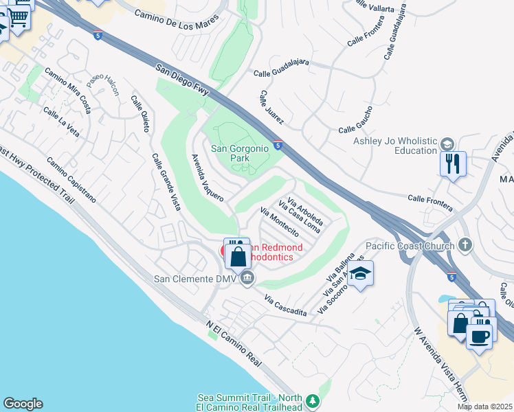 map of restaurants, bars, coffee shops, grocery stores, and more near 2805 Via Montecito in San Clemente