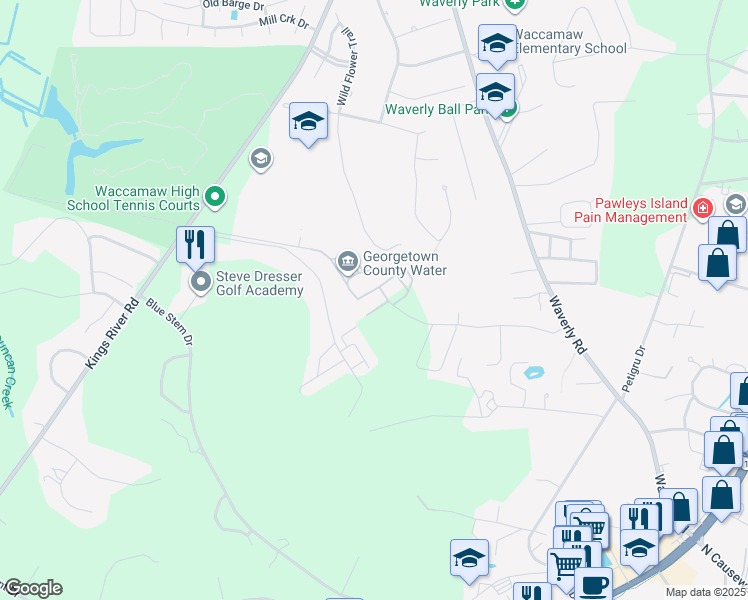 map of restaurants, bars, coffee shops, grocery stores, and more near 465 Clearwater Drive in Pawleys Island