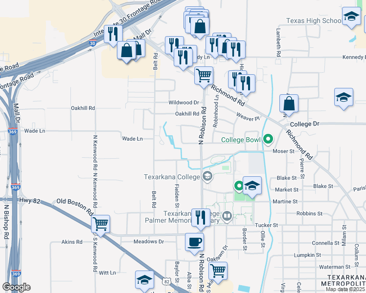 map of restaurants, bars, coffee shops, grocery stores, and more near 3214 Barkwood Road in Texarkana
