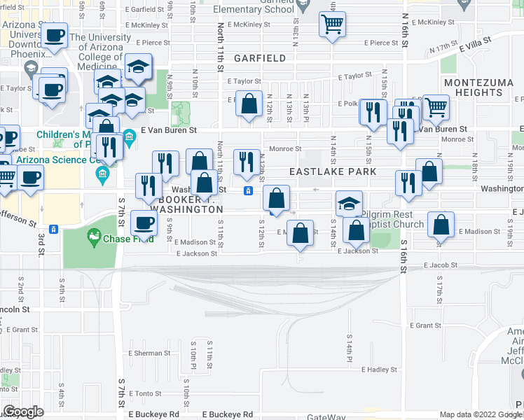 map of restaurants, bars, coffee shops, grocery stores, and more near 3 South 12th Street in Phoenix