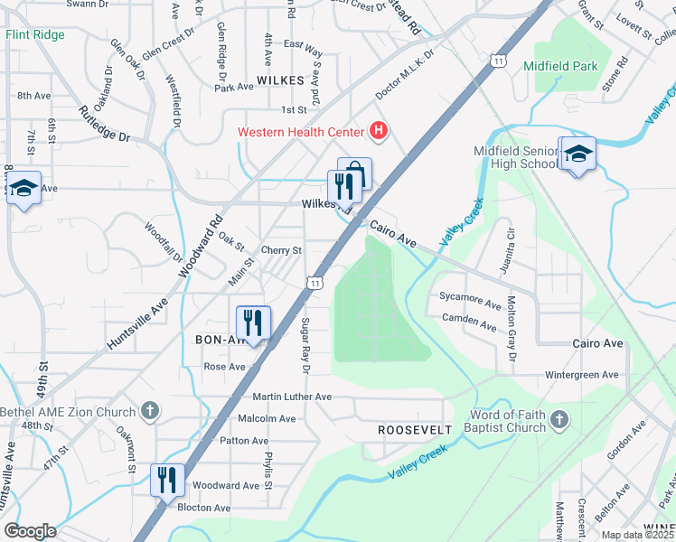 map of restaurants, bars, coffee shops, grocery stores, and more near 5317 Bessemer Super Highway in Midfield