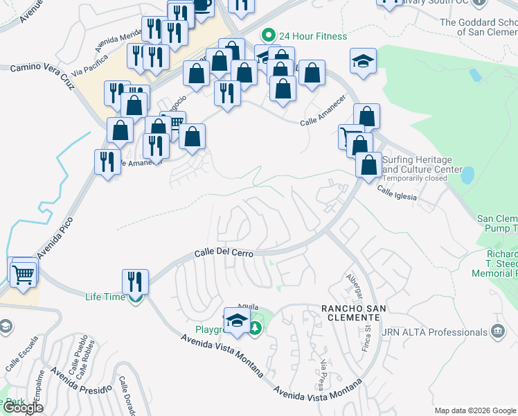 map of restaurants, bars, coffee shops, grocery stores, and more near 1074 Calle Del Cerro in San Clemente