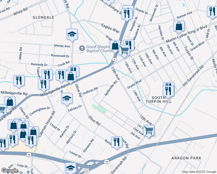map of restaurants, bars, coffee shops, grocery stores, and more near 1105 Nellieville Road in Augusta