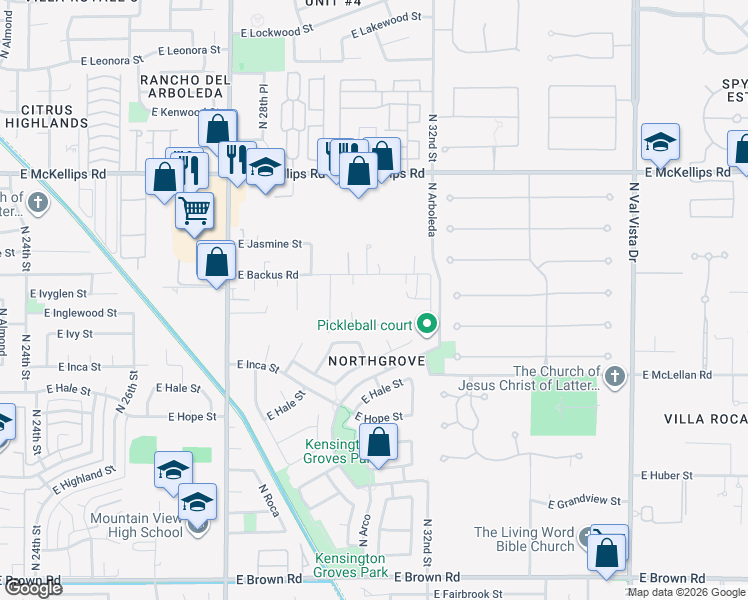 map of restaurants, bars, coffee shops, grocery stores, and more near 3041 E Backus Rd in Mesa