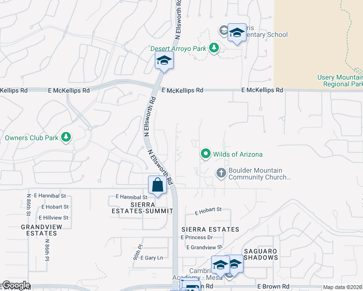 map of restaurants, bars, coffee shops, grocery stores, and more near 1745 North 92nd Street in Mesa