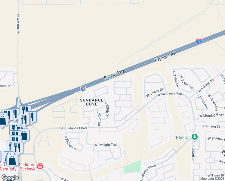 map of restaurants, bars, coffee shops, grocery stores, and more near 41 South 229th Drive in Buckeye
