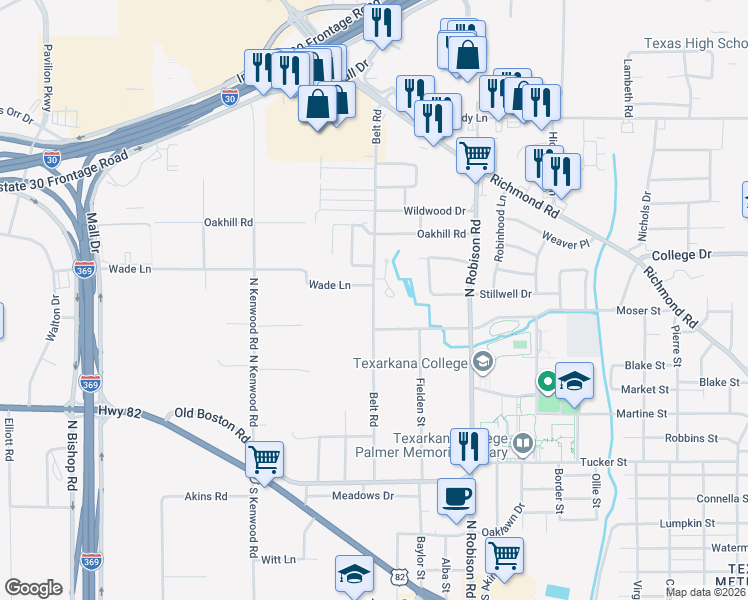 map of restaurants, bars, coffee shops, grocery stores, and more near 410 Belt Road in Texarkana